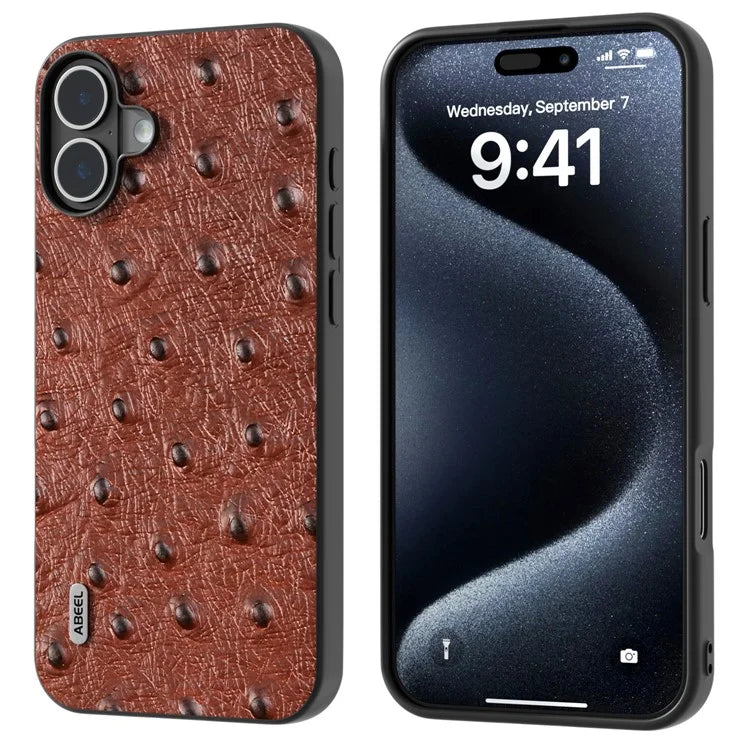 ABEEL For iPhone 16 Plus Case Ostrich Texture Genuine Cow Leather Back Phone Cover