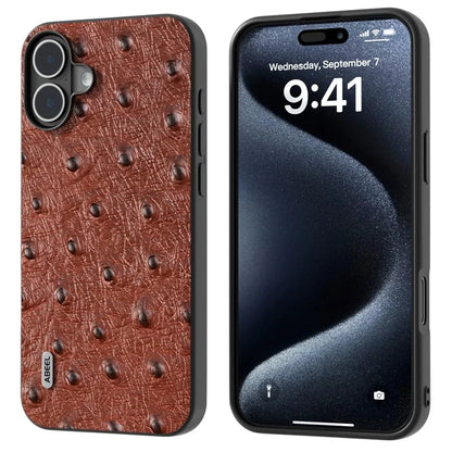 ABEEL For iPhone 16 Plus Case Ostrich Texture Genuine Cow Leather Back Phone Cover