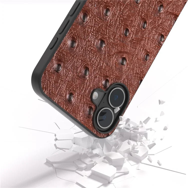 ABEEL For iPhone 16 Plus Case Ostrich Texture Genuine Cow Leather Back Phone Cover