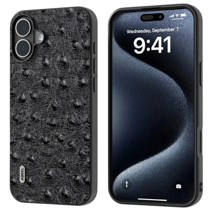ABEEL For iPhone 16 Plus Case Ostrich Texture Genuine Cow Leather Back Phone Cover
