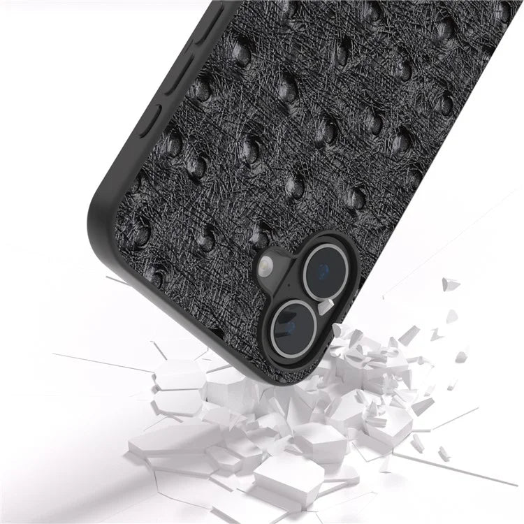 ABEEL For iPhone 16 Plus Case Ostrich Texture Genuine Cow Leather Back Phone Cover