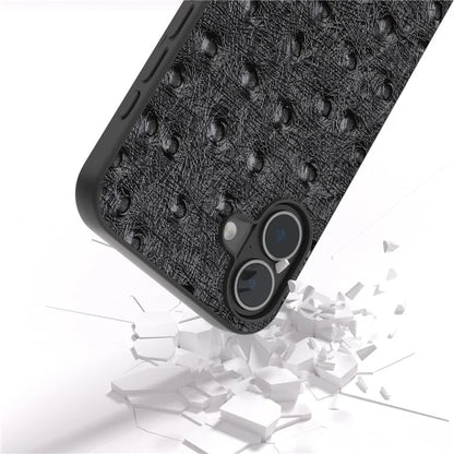 ABEEL For iPhone 16 Plus Case Ostrich Texture Genuine Cow Leather Back Phone Cover