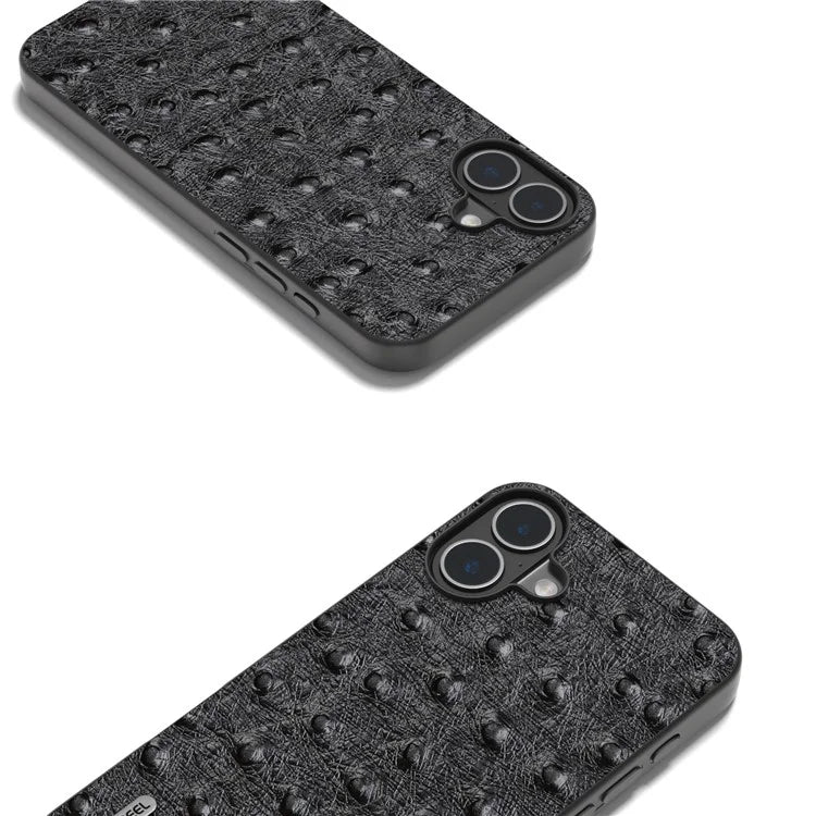 ABEEL For iPhone 16 Plus Case Ostrich Texture Genuine Cow Leather Back Phone Cover