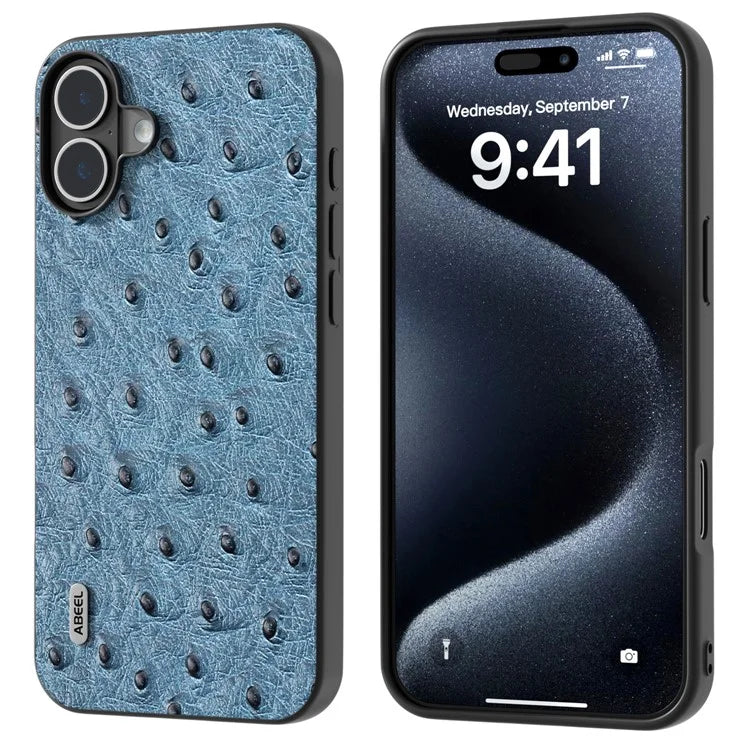 ABEEL For iPhone 16 Plus Case Ostrich Texture Genuine Cow Leather Back Phone Cover
