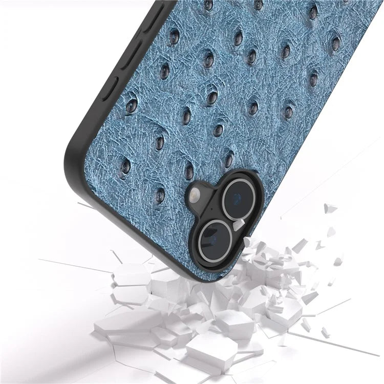 ABEEL For iPhone 16 Plus Case Ostrich Texture Genuine Cow Leather Back Phone Cover