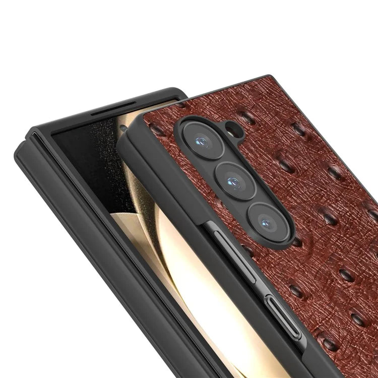 ABEEL For Samsung Galaxy Z Fold6 5G Case Genuine Cow Leather+PC Cover Ostrich Texture