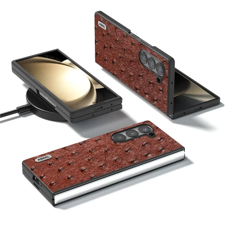 ABEEL For Samsung Galaxy Z Fold6 5G Case Genuine Cow Leather+PC Cover Ostrich Texture