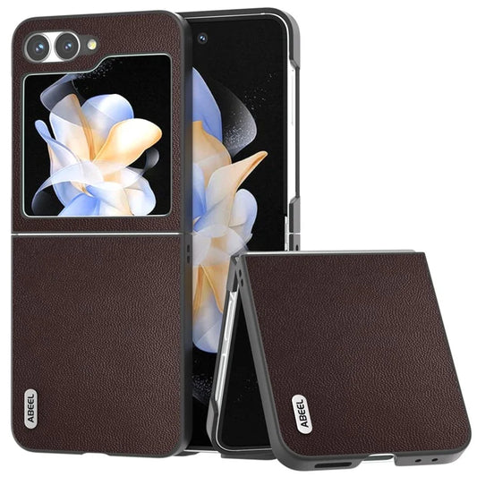 ABEEL For Samsung Galaxy Z Flip6 5G Case Black Edge Genuine Cow Leather PC Phone Cover