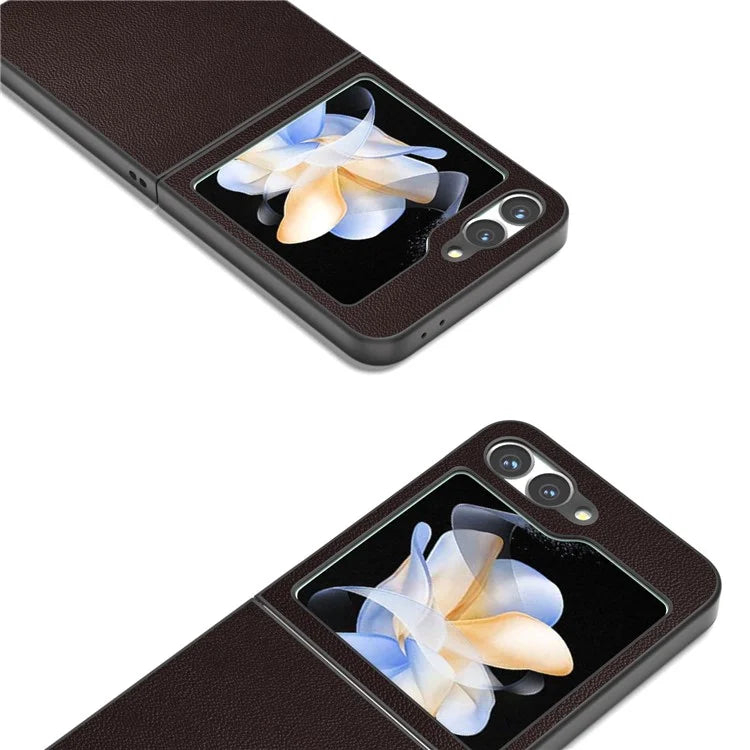 ABEEL For Samsung Galaxy Z Flip6 5G Case Black Edge Genuine Cow Leather PC Phone Cover