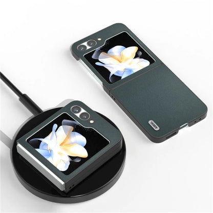 ABEEL For Samsung Galaxy Z Flip6 5G Case Black Edge Genuine Cow Leather PC Phone Cover