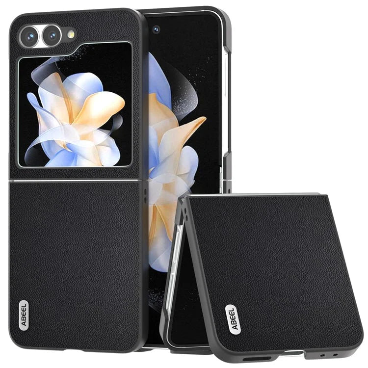 ABEEL For Samsung Galaxy Z Flip6 5G Case Black Edge Genuine Cow Leather PC Phone Cover