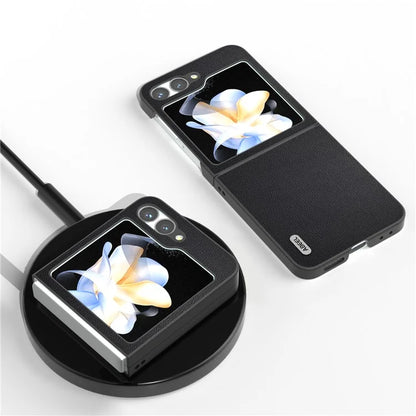 ABEEL For Samsung Galaxy Z Flip6 5G Case Black Edge Genuine Cow Leather PC Phone Cover