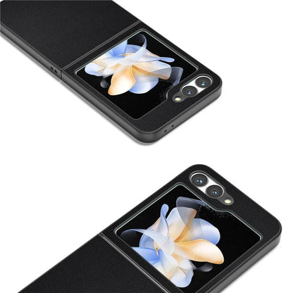 ABEEL For Samsung Galaxy Z Flip6 5G Case Black Edge Genuine Cow Leather PC Phone Cover