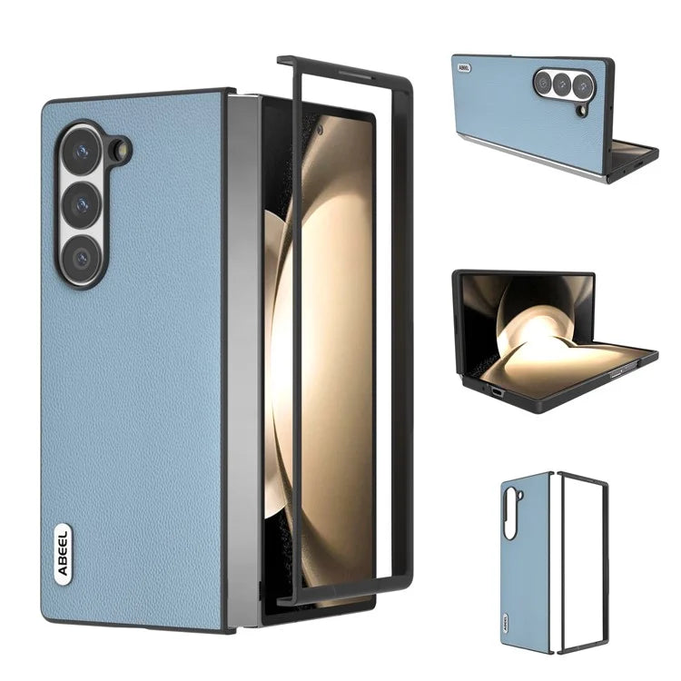 ABEEL For Samsung Galaxy Z Fold6 5G Case Genuine Cow Leather PC Phone Cover Black Edge
