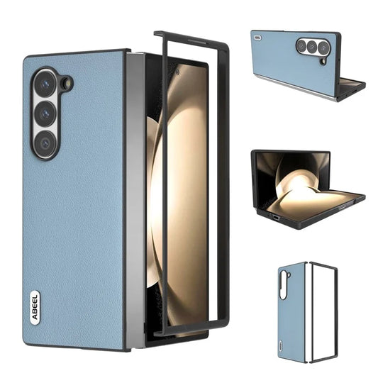 ABEEL For Samsung Galaxy Z Fold6 5G Case Genuine Cow Leather PC Phone Cover Black Edge
