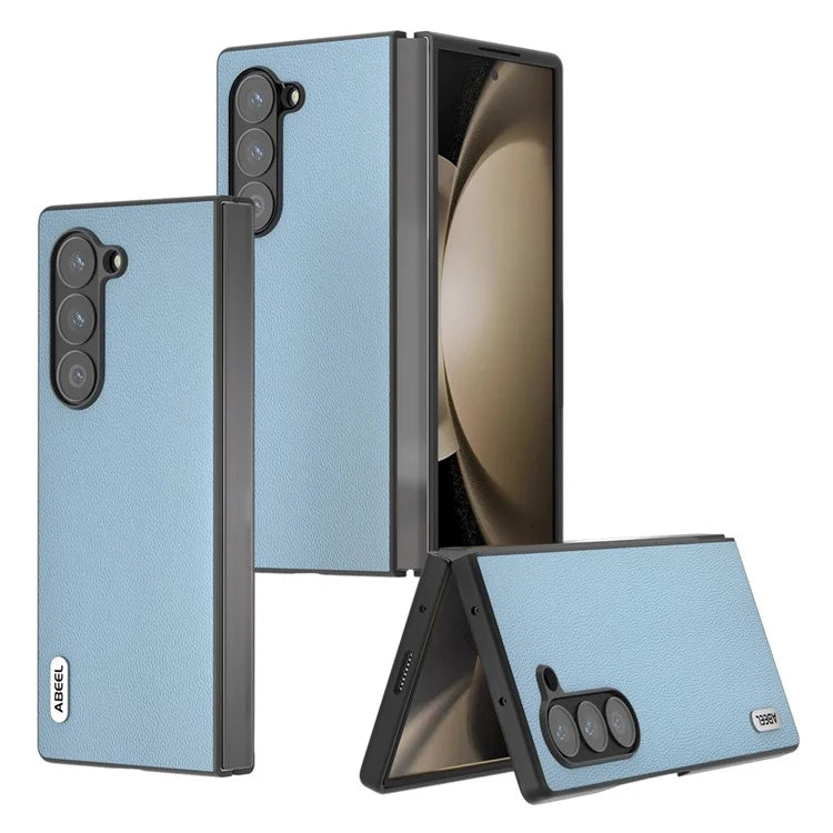 ABEEL For Samsung Galaxy Z Fold6 5G Case Genuine Cow Leather PC Phone Cover Black Edge