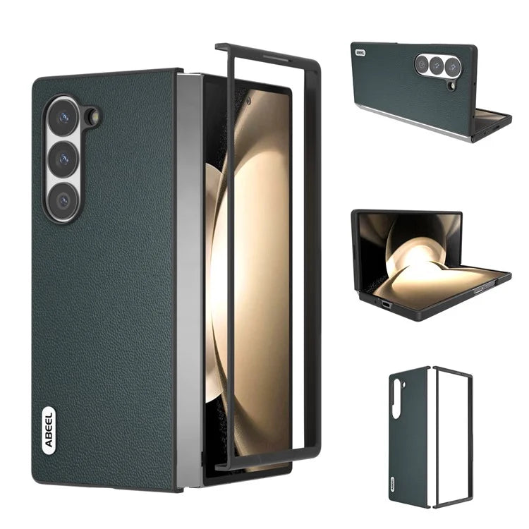 ABEEL For Samsung Galaxy Z Fold6 5G Case Genuine Cow Leather PC Phone Cover Black Edge
