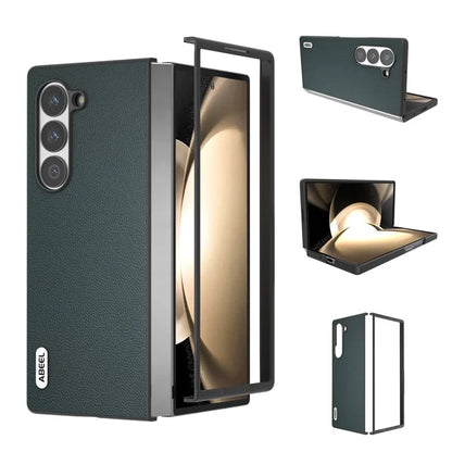ABEEL For Samsung Galaxy Z Fold6 5G Case Genuine Cow Leather PC Phone Cover Black Edge