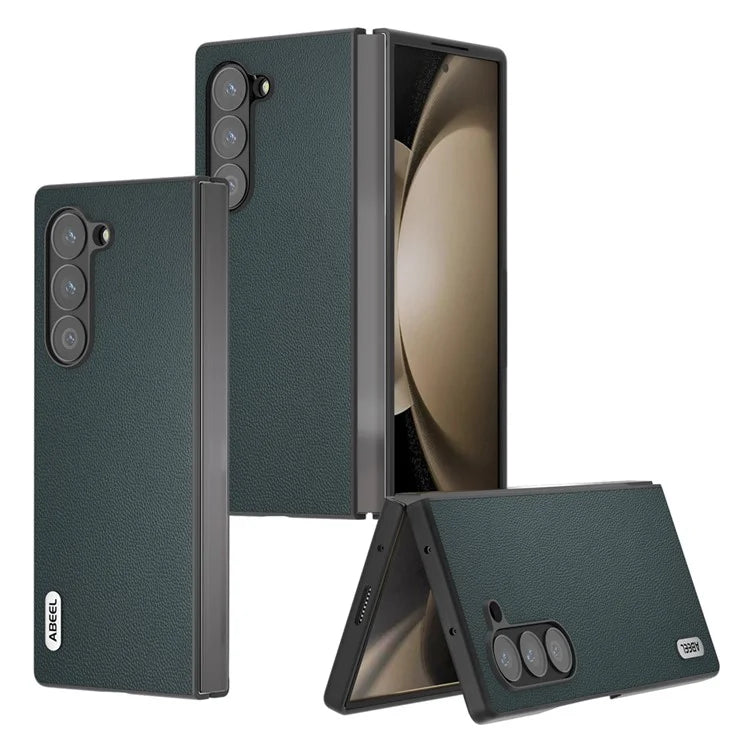 ABEEL For Samsung Galaxy Z Fold6 5G Case Genuine Cow Leather PC Phone Cover Black Edge