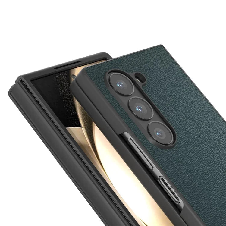 ABEEL For Samsung Galaxy Z Fold6 5G Case Genuine Cow Leather PC Phone Cover Black Edge