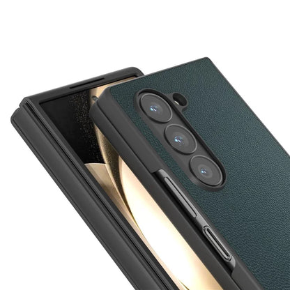 ABEEL For Samsung Galaxy Z Fold6 5G Case Genuine Cow Leather PC Phone Cover Black Edge