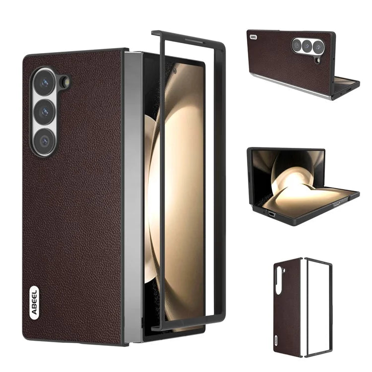 ABEEL For Samsung Galaxy Z Fold6 5G Case Genuine Cow Leather PC Phone Cover Black Edge