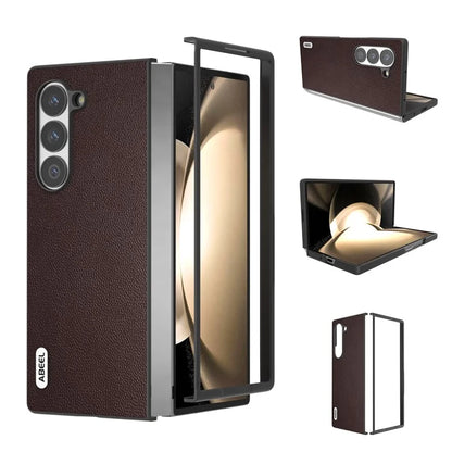 ABEEL For Samsung Galaxy Z Fold6 5G Case Genuine Cow Leather PC Phone Cover Black Edge