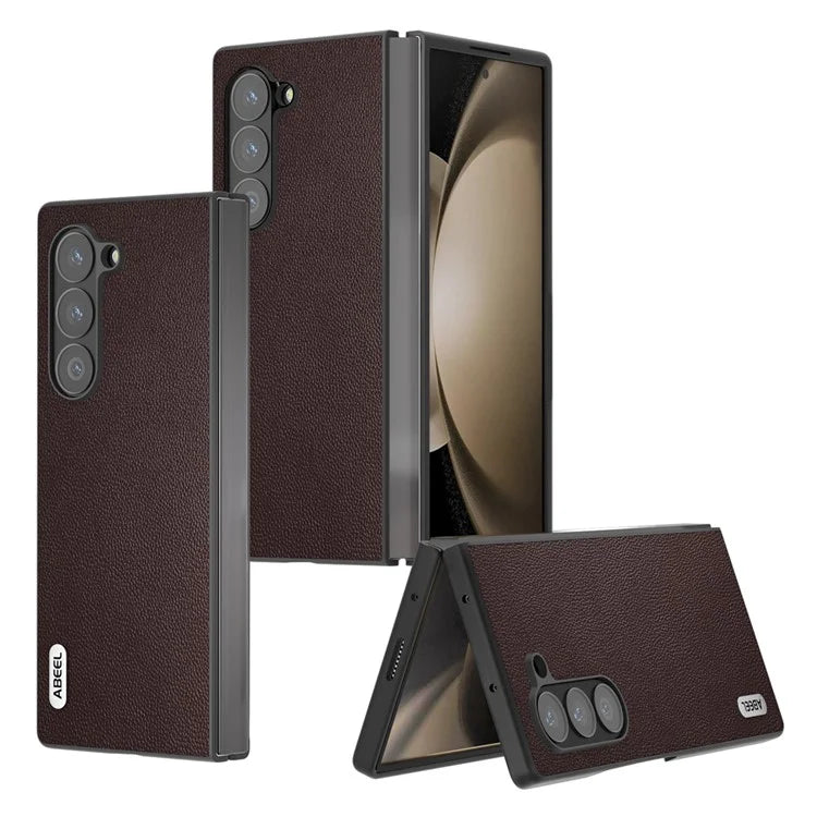 ABEEL For Samsung Galaxy Z Fold6 5G Case Genuine Cow Leather PC Phone Cover Black Edge