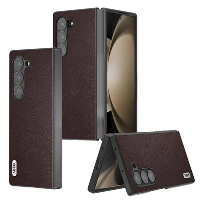 ABEEL For Samsung Galaxy Z Fold6 5G Case Genuine Cow Leather PC Phone Cover Black Edge
