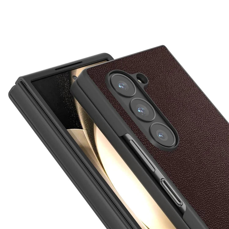 ABEEL For Samsung Galaxy Z Fold6 5G Case Genuine Cow Leather PC Phone Cover Black Edge