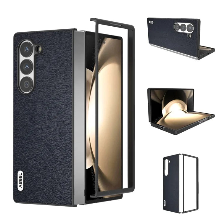 ABEEL For Samsung Galaxy Z Fold6 5G Case Genuine Cow Leather PC Phone Cover Black Edge