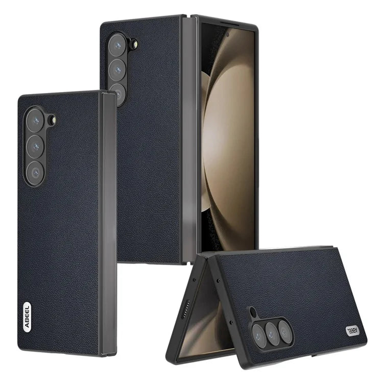 ABEEL For Samsung Galaxy Z Fold6 5G Case Genuine Cow Leather PC Phone Cover Black Edge