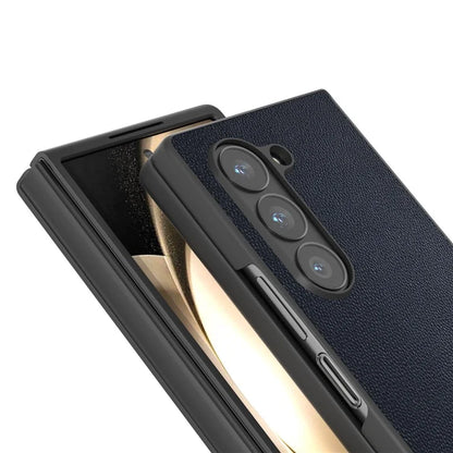 ABEEL For Samsung Galaxy Z Fold6 5G Case Genuine Cow Leather PC Phone Cover Black Edge