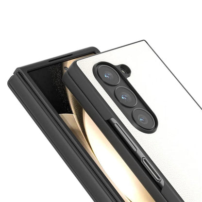 ABEEL For Samsung Galaxy Z Fold6 5G Case Genuine Cow Leather PC Phone Cover Black Edge