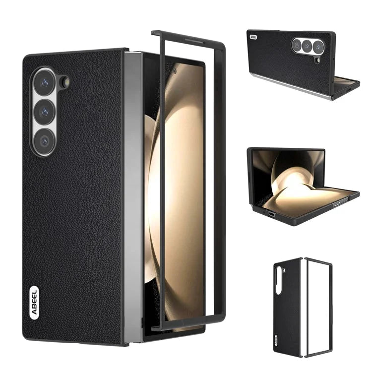 ABEEL For Samsung Galaxy Z Fold6 5G Case Genuine Cow Leather PC Phone Cover Black Edge