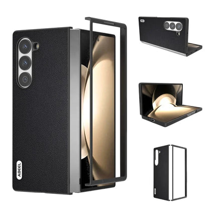 ABEEL For Samsung Galaxy Z Fold6 5G Case Genuine Cow Leather PC Phone Cover Black Edge
