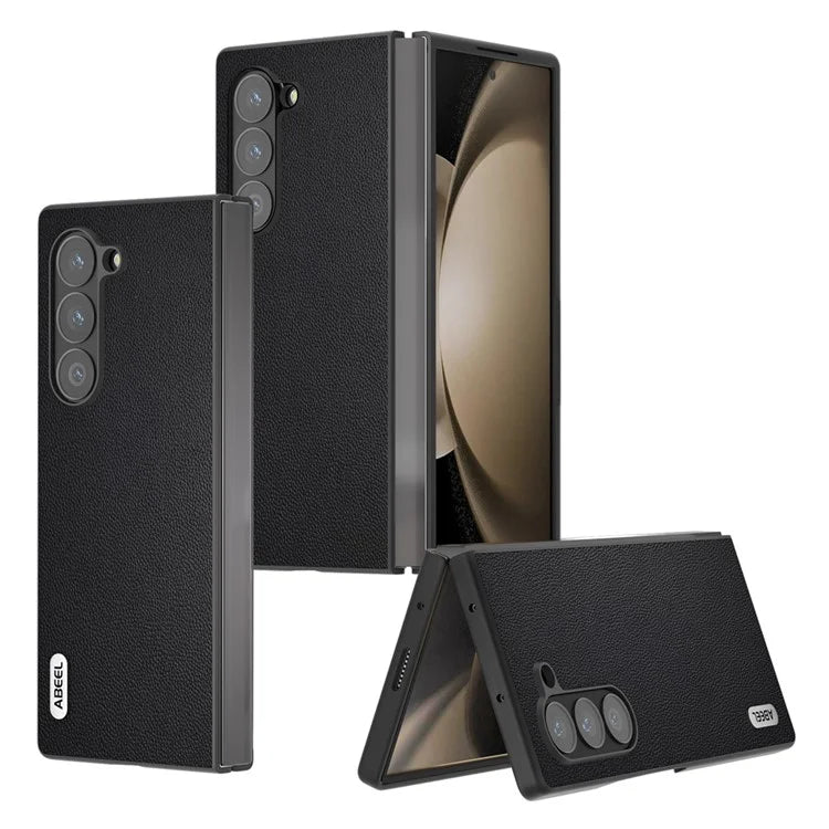 ABEEL For Samsung Galaxy Z Fold6 5G Case Genuine Cow Leather PC Phone Cover Black Edge