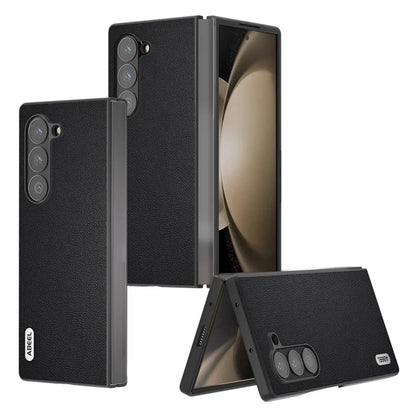 ABEEL For Samsung Galaxy Z Fold6 5G Case Genuine Cow Leather PC Phone Cover Black Edge