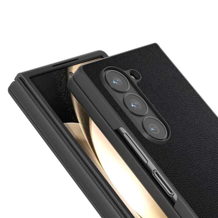 ABEEL For Samsung Galaxy Z Fold6 5G Case Genuine Cow Leather PC Phone Cover Black Edge