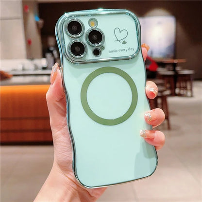 For iPhone 15 Pro Max Magnetic Case Heart Pattern TPU Phone Cover Wave Frame Electroplate