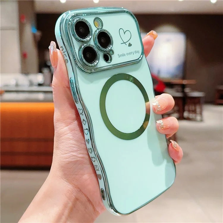 For iPhone 15 Pro Max Magnetic Case Heart Pattern TPU Phone Cover Wave Frame Electroplate