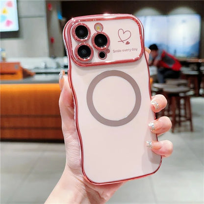 For iPhone 15 Pro Max Magnetic Case Heart Pattern TPU Phone Cover Wave Frame Electroplate