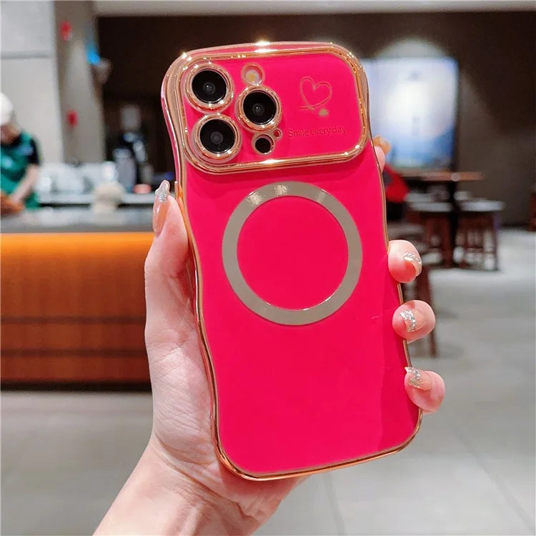 For iPhone 15 Pro Max Magnetic Case Heart Pattern TPU Phone Cover Wave Frame Electroplate