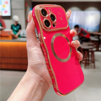 For iPhone 15 Pro Max Magnetic Case Heart Pattern TPU Phone Cover Wave Frame Electroplate