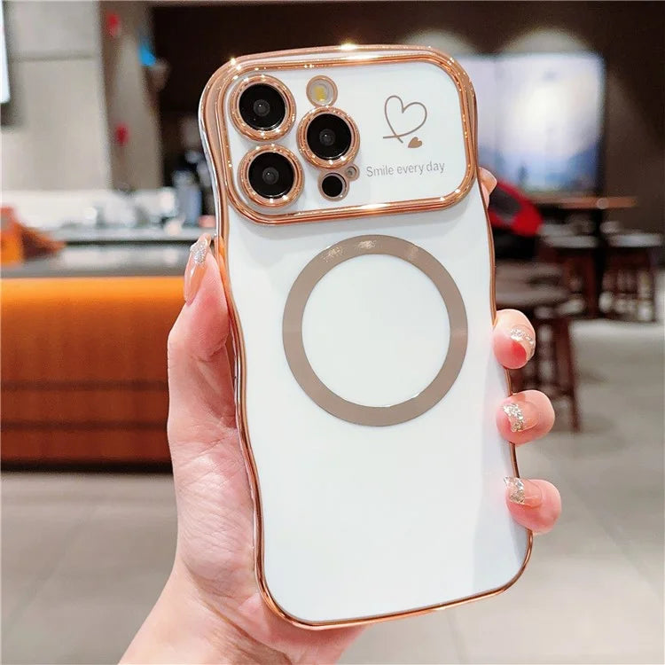 For iPhone 15 Pro Max Magnetic Case Heart Pattern TPU Phone Cover Wave Frame Electroplate