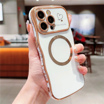 For iPhone 15 Pro Max Magnetic Case Heart Pattern TPU Phone Cover Wave Frame Electroplate