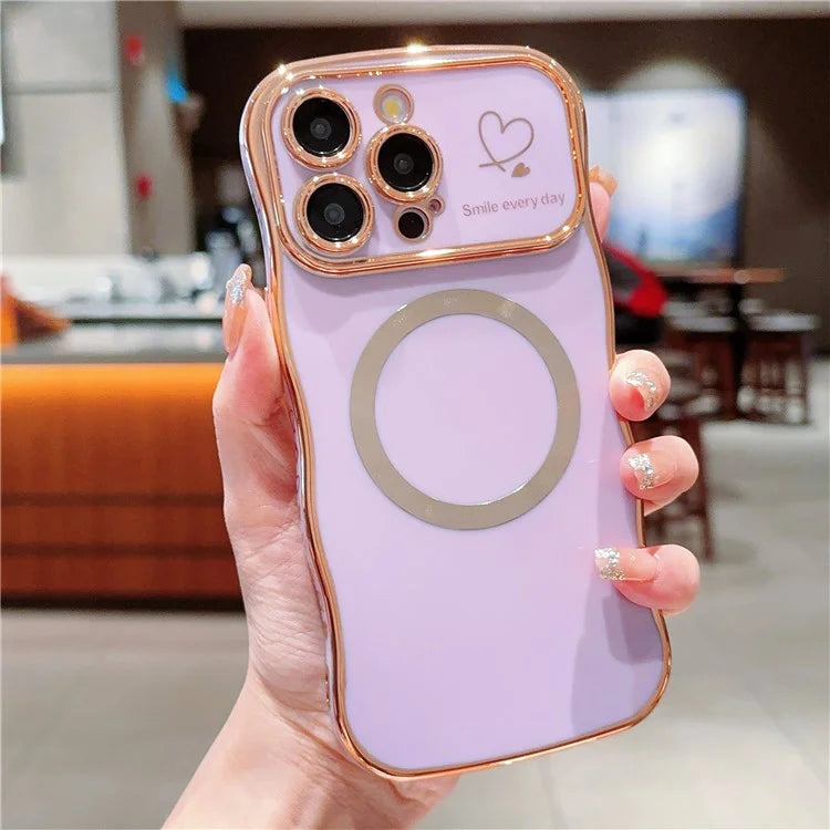 For iPhone 15 Pro Max Magnetic Case Heart Pattern TPU Phone Cover Wave Frame Electroplate