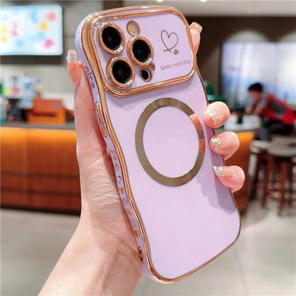 For iPhone 15 Pro Max Magnetic Case Heart Pattern TPU Phone Cover Wave Frame Electroplate