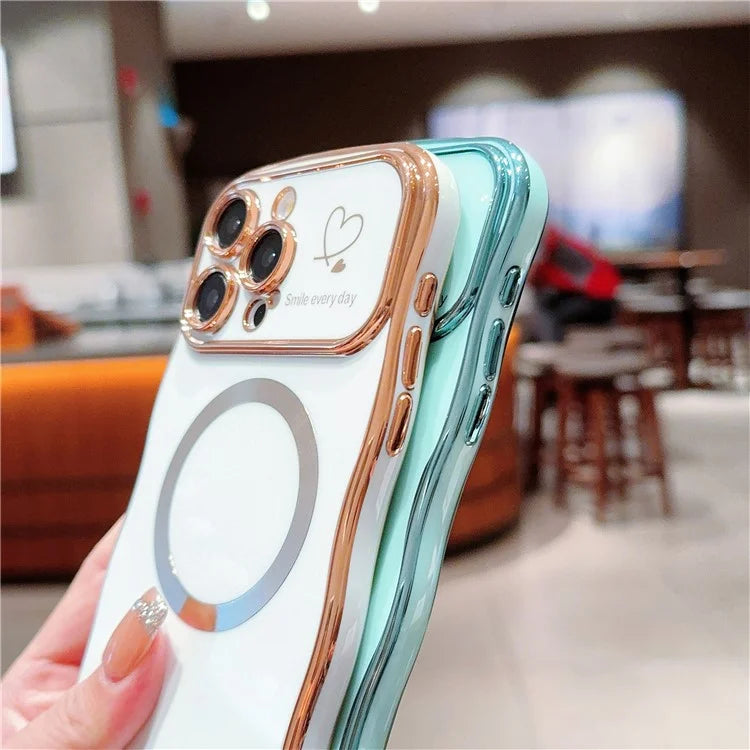 For iPhone 15 Pro Max Magnetic Case Heart Pattern TPU Phone Cover Wave Frame Electroplate