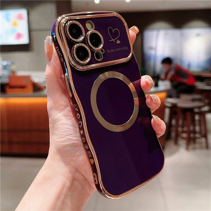 For iPhone 15 Pro Max Magnetic Case Heart Pattern TPU Phone Cover Wave Frame Electroplate